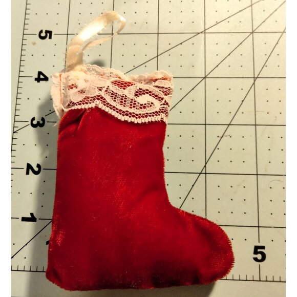 Victorian Red Velvet Mini Christmas Stocking Ornament Lace Trim Ribbon - Picture 2 of 4